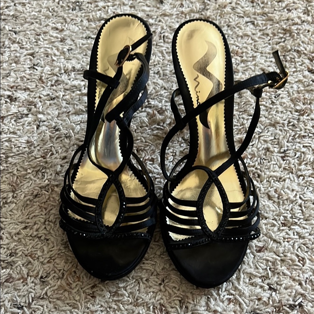 Nina Black and Gold Strappy Heels